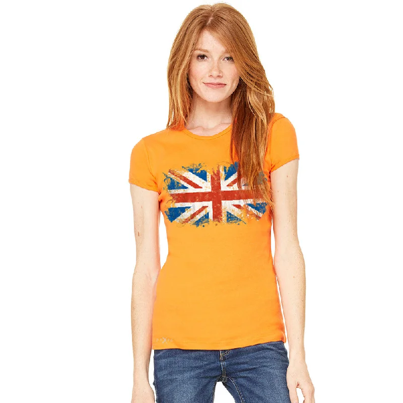 Zexpa Apparel™ Distressed Atilt British Flag UK Women's T-shirt Patriotic Tee Welt Pockets Slit Pockets Flap Pockets