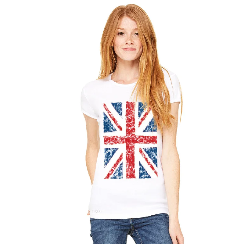 Zexpa Apparel™ Distressed British Flag Great Britain Women's T-shirt Patriotic Tee Solid Print Embellished