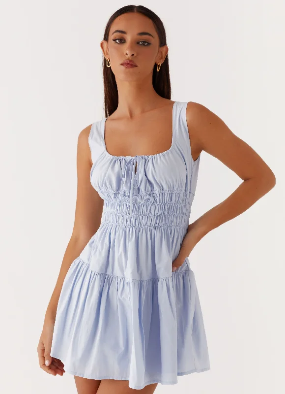 Addison Mini Dress - Blue Elegant Satin Lace Mini Dress