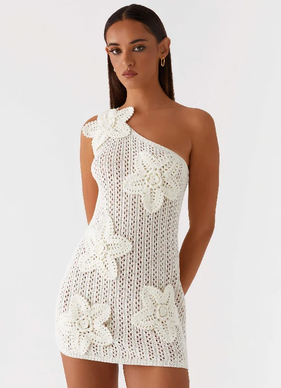 Afterglow One Shoulder Crochet Mini Dress - Ivory Elegant Vintage Mini Dress