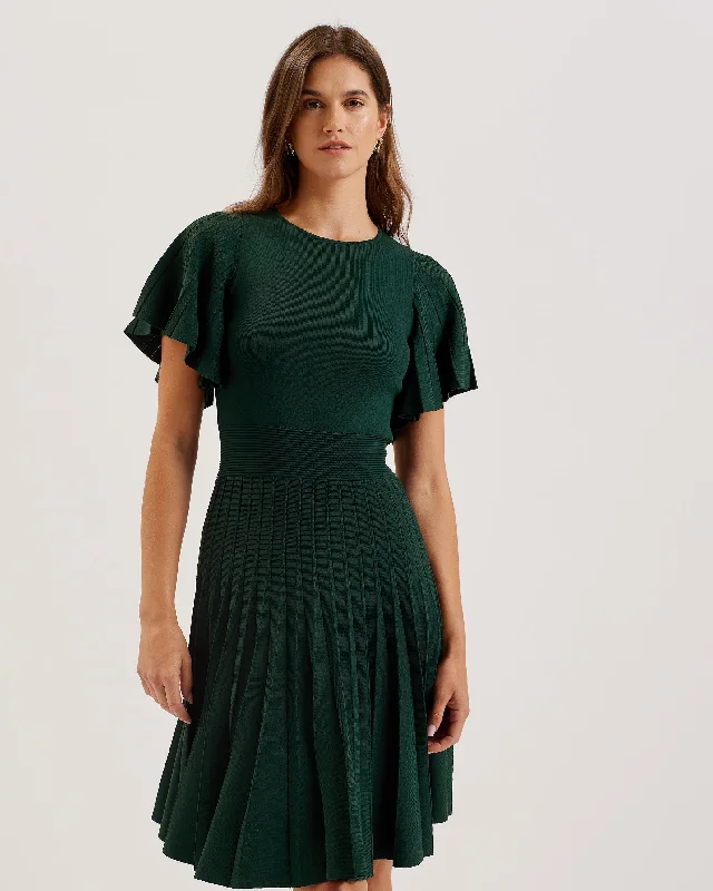 Alenha Knitted Angel Sleeve Mini Dress Dk-Green Stylish Sweetheart Neck Mini Dress