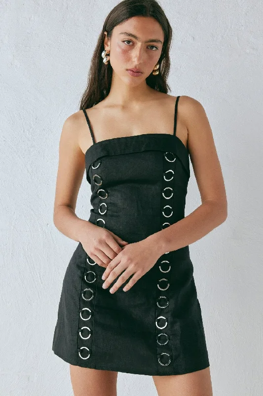 Alessa Linen Mini Dress Black Classic Shift Mini Dress