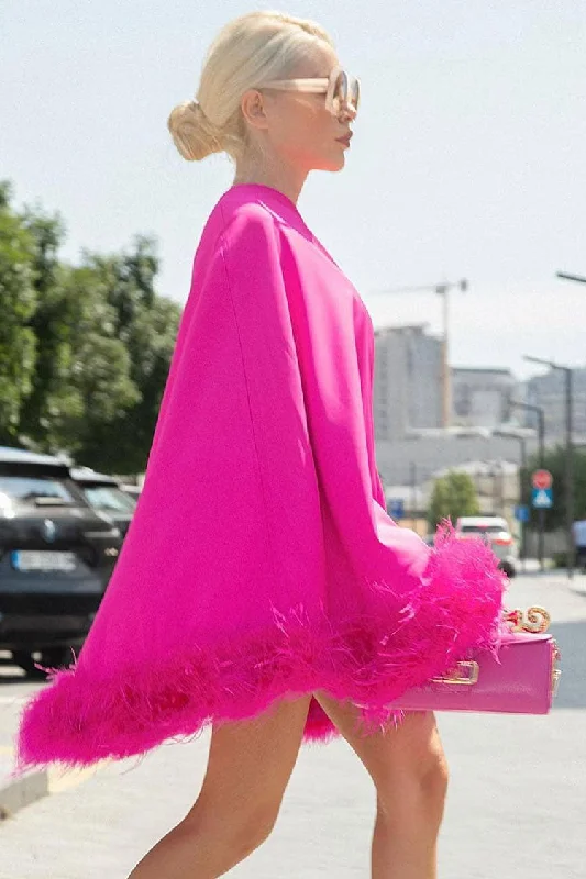 Asymmetrical One Shoulder Feather Trim A Line Party Mini Dress - Hot Pink Fashionable Lace-Trim Mini Dress Asymmetrical One Shoulder Feather Trim A Line Party Mini Dress - Hot Pink Fashionable Lace-Trim Mini Dress