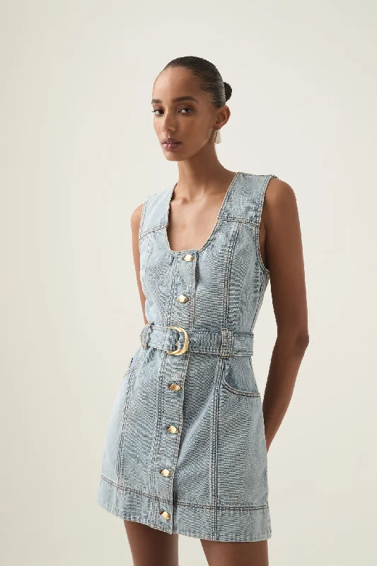 Aura Denim Mini Dress Cozy Cowl Neck Mini Dress
