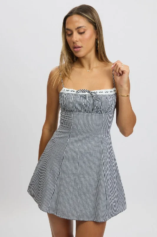 Black Check Mini Dress Strappy Classic Casual Mini Dress
