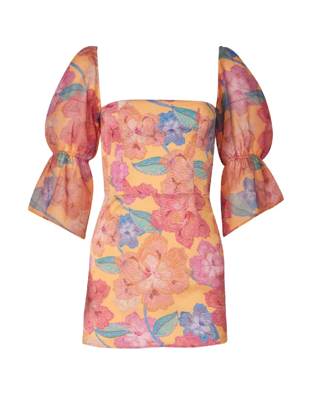 Camille Orange Bloom Mini Dress Comfortable Smocked Mini Dress