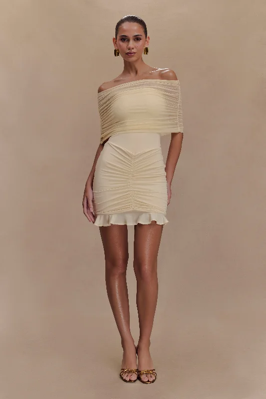 Caspian Slinky And Mesh Off Shoulder Mini Dress - Ivory Cozy Knitted Mini Dress