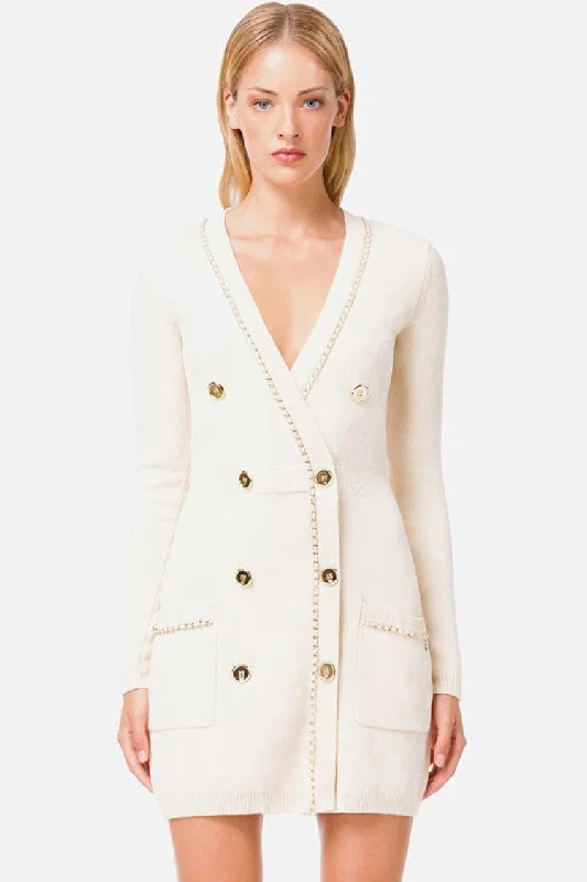 Chained Deep V Long Sleeve Buttoned Sweater Mini Dress - Cream Classic Striped Mini Dress Chained Deep V Long Sleeve Buttoned Sweater Mini Dress - Cream Classic Striped Mini Dress