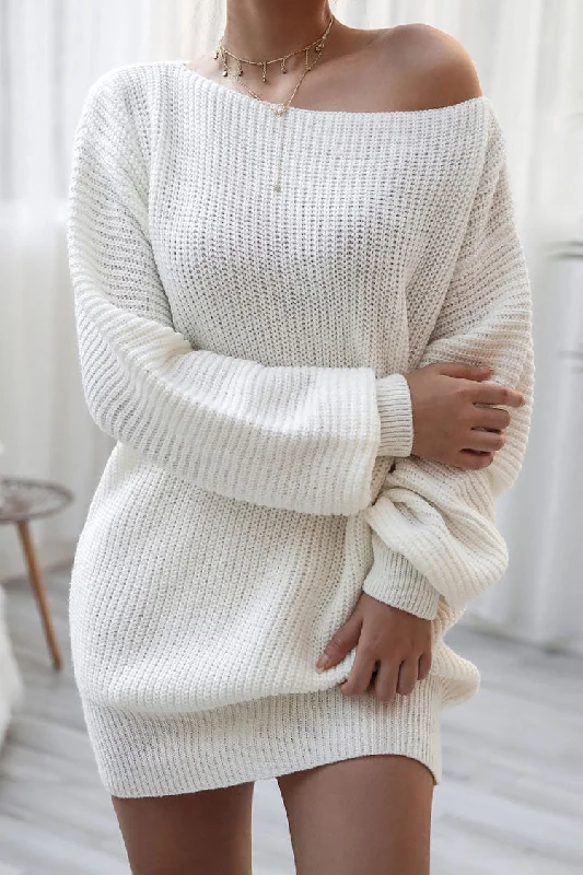 Cozy Winter Boat Neck Long Sleeve Textured Sweater Mini Dress - White Chic Puff Sleeve Mini Dress Cozy Winter Boat Neck Long Sleeve Textured Sweater Mini Dress - White Chic Puff Sleeve Mini Dress