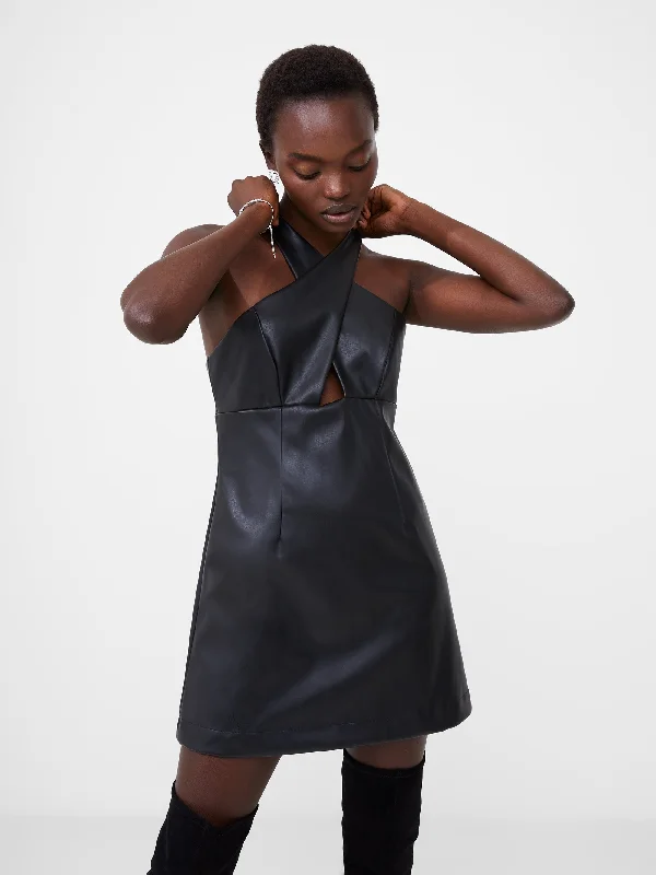 Crolenda Faux Leather Cross Strap Mini Dress Cozy Wraparound Mini Dress