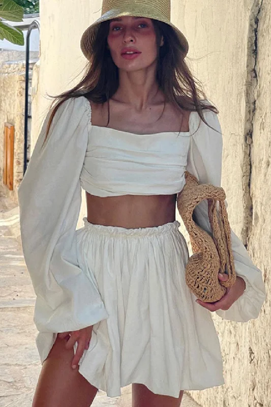 Cute Puff Sleeve Ruched Crop High Waist Two Piece Mini Dress - Off White Comfortable Ruffle Mini Dress