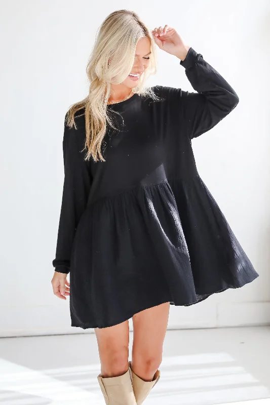 Cutest Persuasion Black Linen Contrast Babydoll Mini Dress Stylish Puff Sleeve Mini Dress