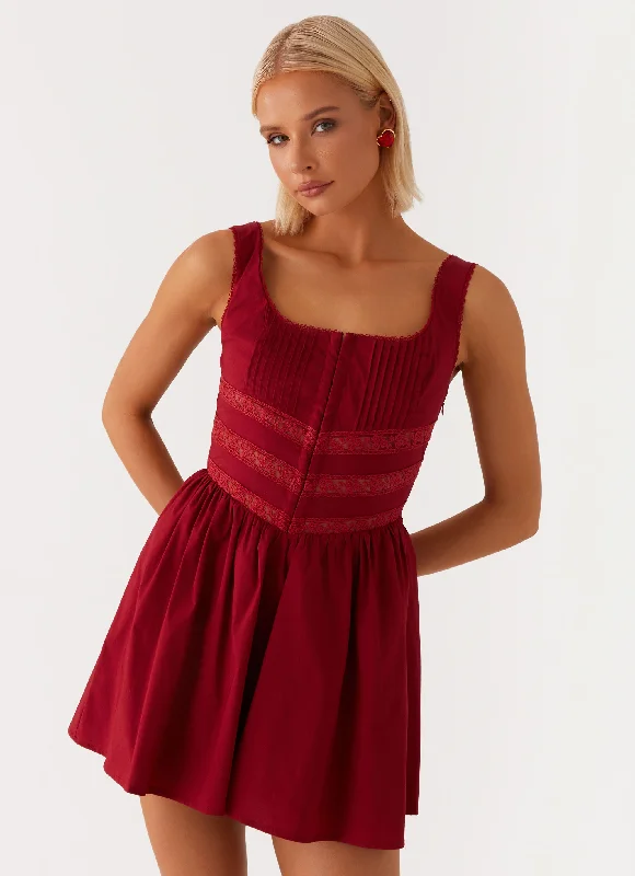 Eleanor Lace Trim Mini Dress - Red Classic Striped Mini Dress