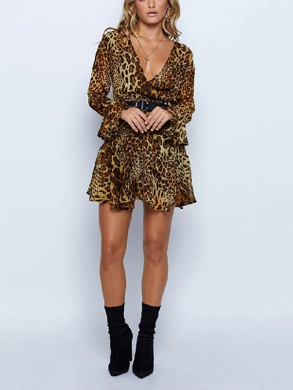 Emily Leopard Print Plunging Neck Mini Dress Trendy Crossover Mini Dress