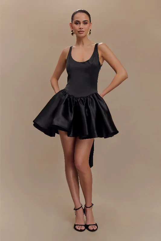 Felicia Satin Mini Dress With Bow - Black Fashionable A-Line Mini Dress