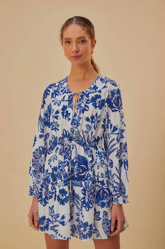 Off-White Flowerful Birds Long Sleeve Mini Dress Comfortable Casual Mini Dress