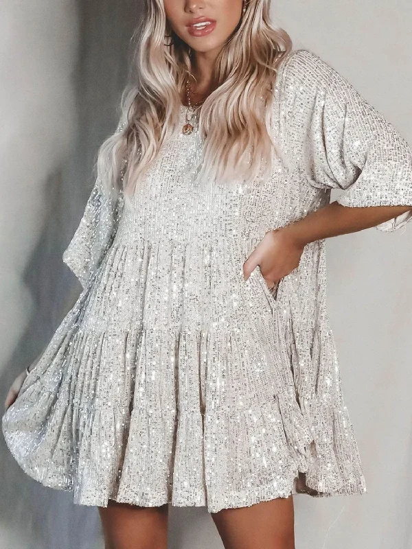 Full Size Sequin Round Neck Half Sleeve Mini Dress Chic Mini Dress with V-Neck