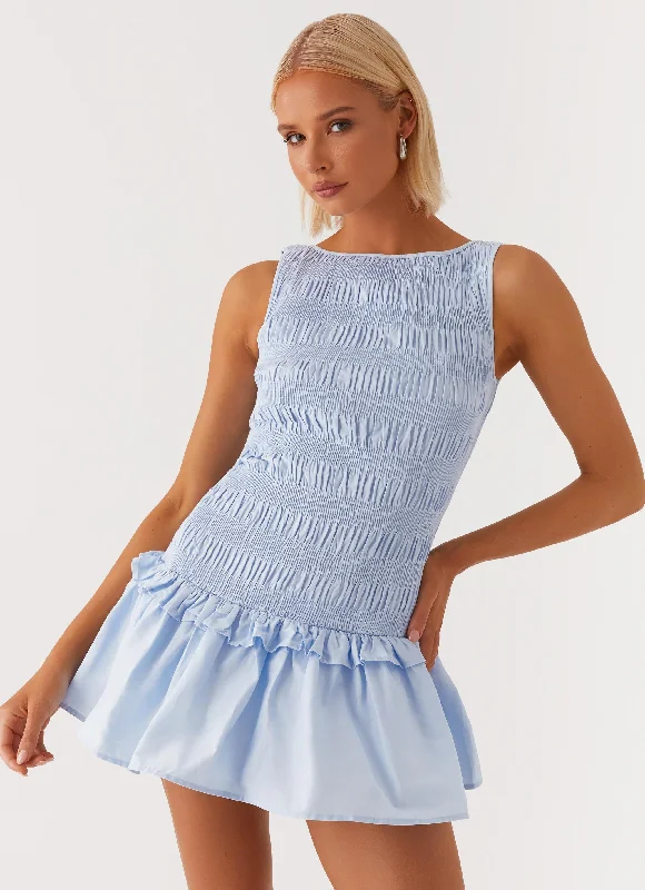 Garden Kisses Shirred Mini Dress - Blue Comfortable Polka Dot Mini Dress