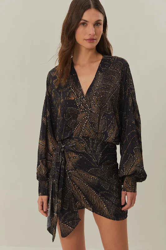 Black Golden Foliage Mini Dress Chic Bohemian Mini Dress