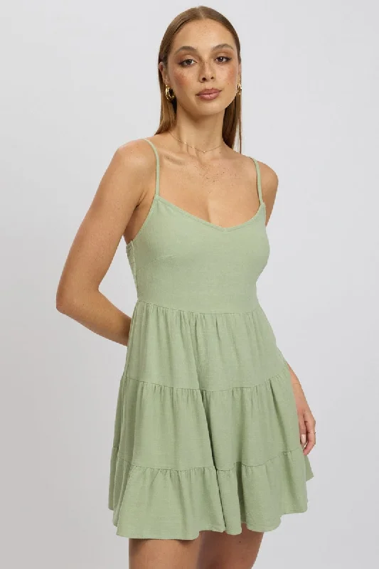 Green Mini Dress Tiered Strappy Elegant Tulle Mini Dress