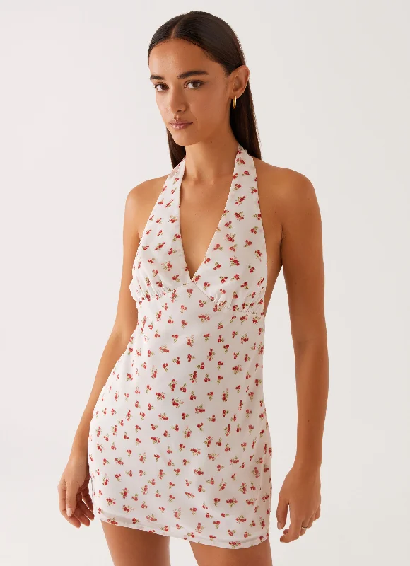 Highlands Halterneck Mini Dress - Red Ditsy Floral Stylish Button-Down Mini Dress