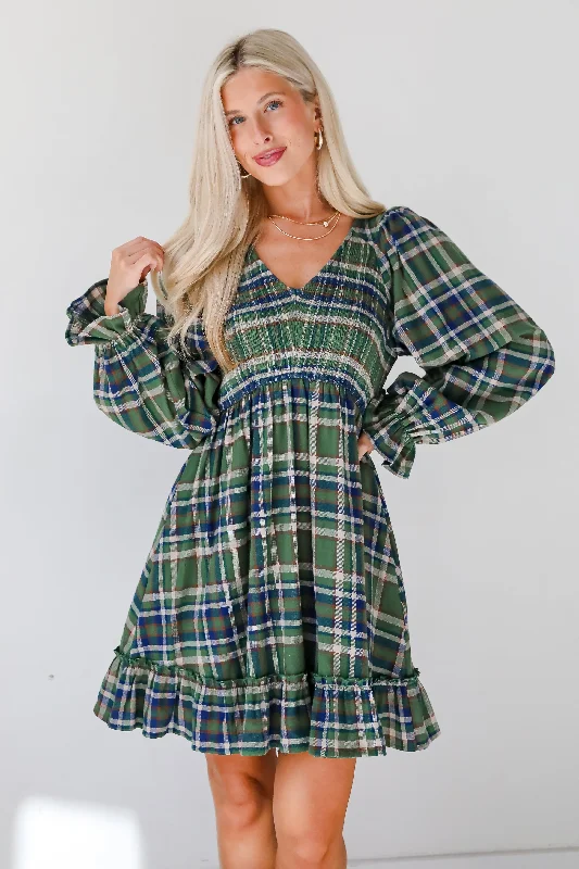 Ideal Attraction Green Plaid Mini Dress Comfortable Off-Shoulder Mini Dress
