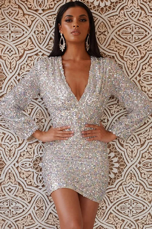 Iridescence Long Sleeve V Neck Bodycon Sequin Mini Dress - Multicolor Stylish Ribbed Mini Dress