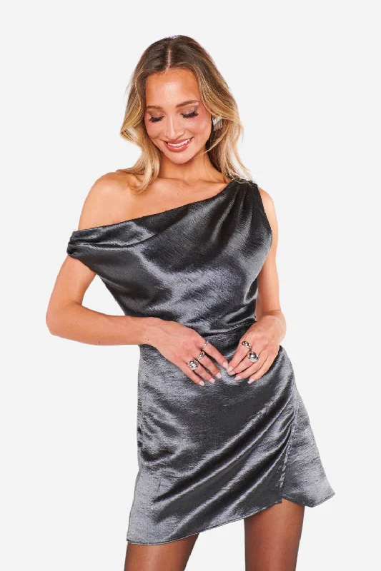 Show Me Your Mumu Jodie Mini Dress in Gunmetal Stylish Ribbed Mini Dress