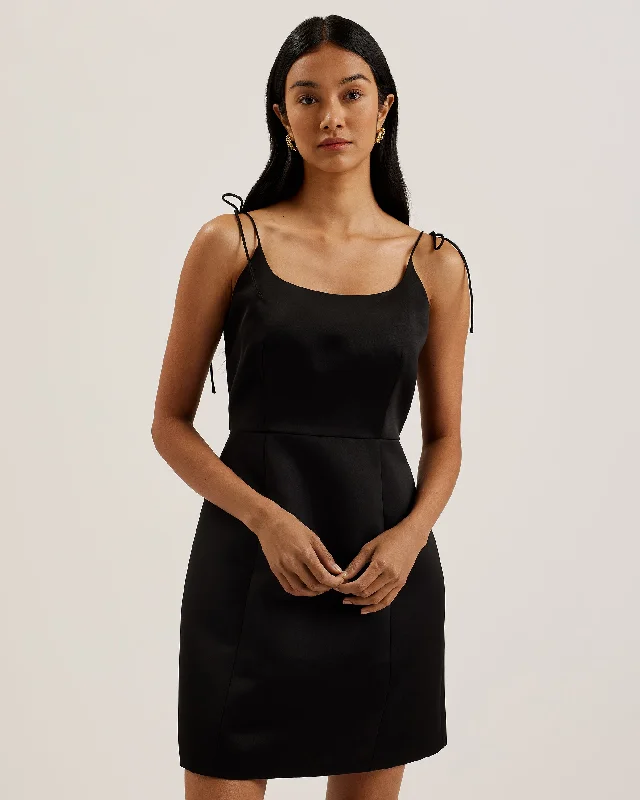 Kavala Tie Strap Bodice Waist Mini Dress Black Comfortable Bodycon Mini Dress