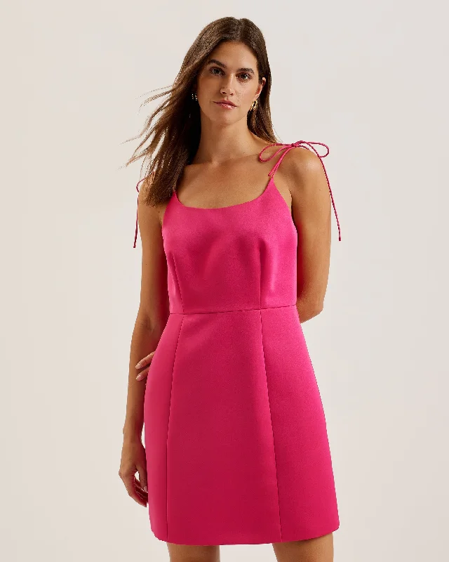 Kavala Tie Strap Bodice Waist Mini Dress Fuchsia Elegant Satin Lace Mini Dress