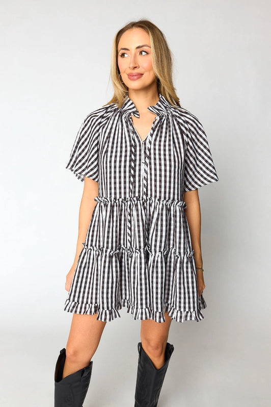 Lakin Swing Mini Dress - Black Check Chic Puff Sleeve Mini Dress