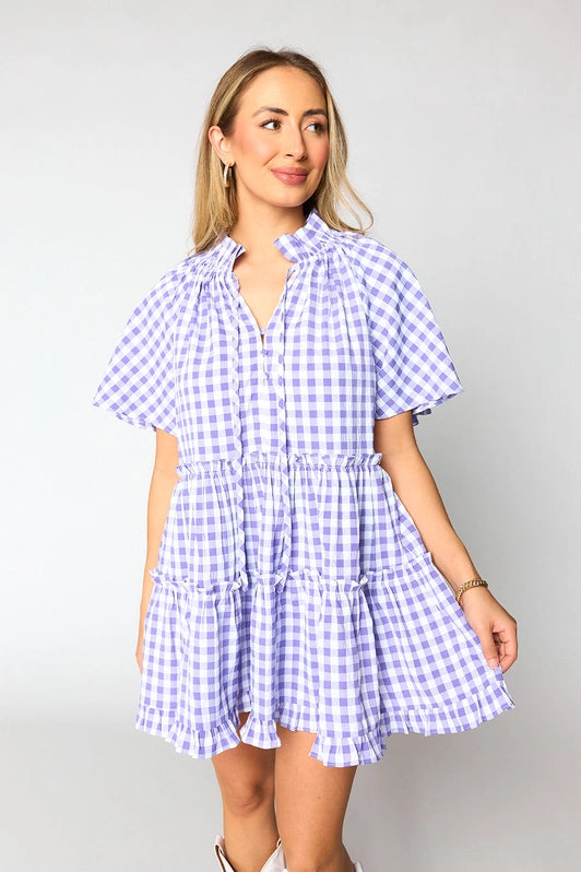 Lakin Swing Mini Dress - Violet Check Comfortable Smocked Mini Dress