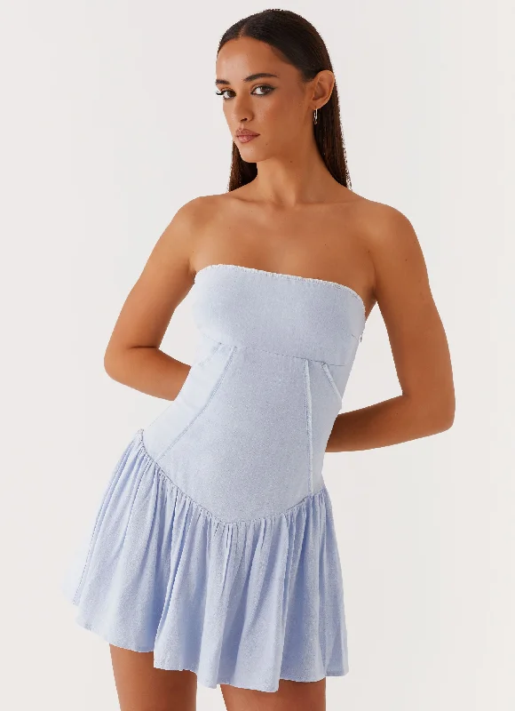 Larnie Linen Mini Dress - Blue Fashionable Denim Mini Dress