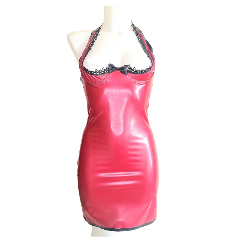 Latex Lace Trimmed Open Cup, Strappy Latex Mini Dress Comfortable Bodycon Mini Dress