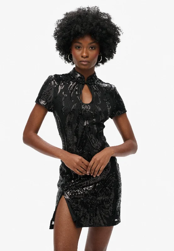 Mandarin Sequin Mini Dress | Art Deco Black Sequin Chic Mini Dress with V-Neck