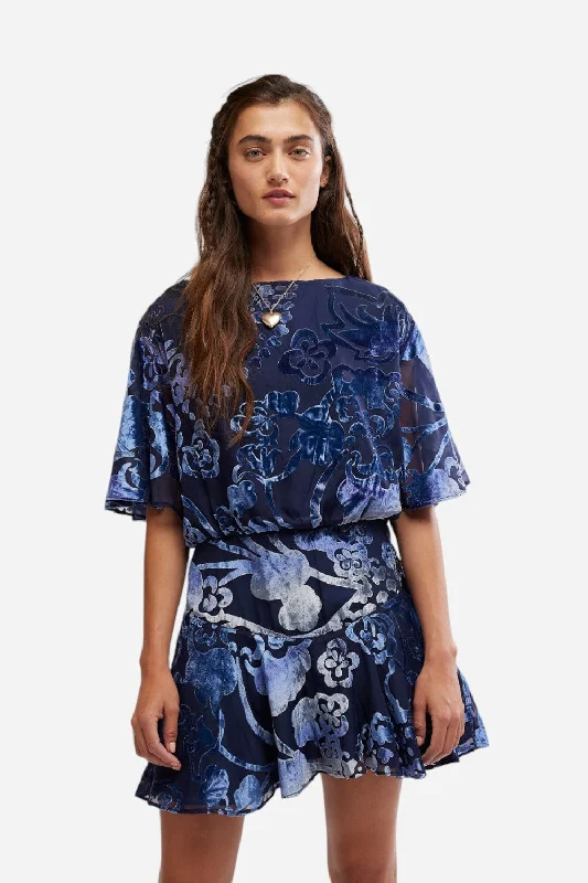 Free People Manuka Burnout Velvet Mini Dress in Navy Combo Chic Mini Dress with V-Neck