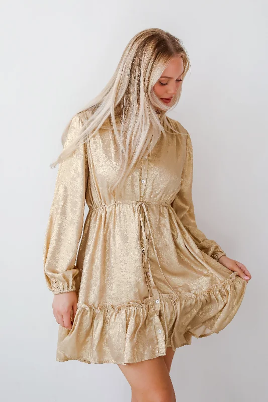 Marvelously Dazzling Taupe Metallic Mini Dress Modern Satin Mini Dress