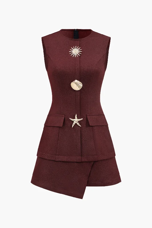 Metallic Button Sleeveless Round Neck Mini Dress Classic Casual Mini Dress