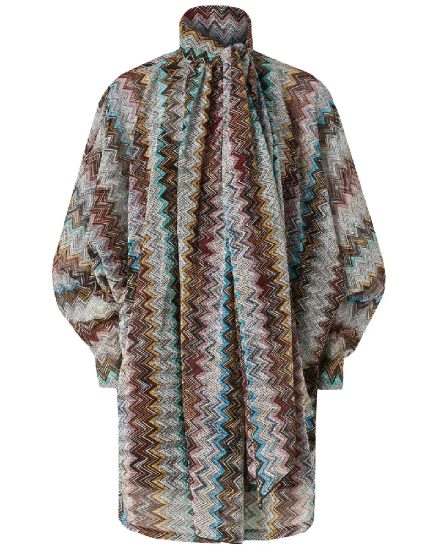 Multicolor Zig Zag Tie Neck Mini Dress Comfortable Fit-and-Flare Mini Dress