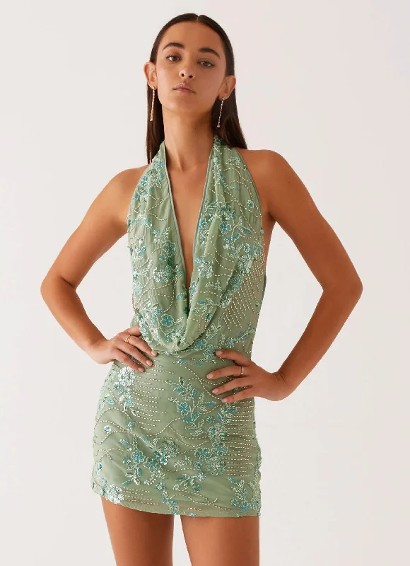 Olisa Cowl Neck Beaded Mini Dress - Mint Elegant Lace-Up Mini Dress