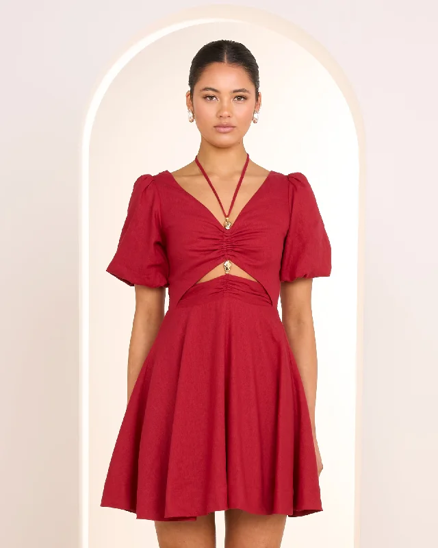 Olive V-neck Mini Dress Fashionable Button-Front Mini Dress