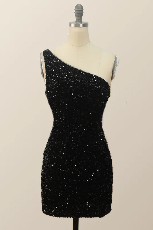 One Shoulder Black Sequin Bodycon Mini Dress Chic Sleeveless Mini Dress