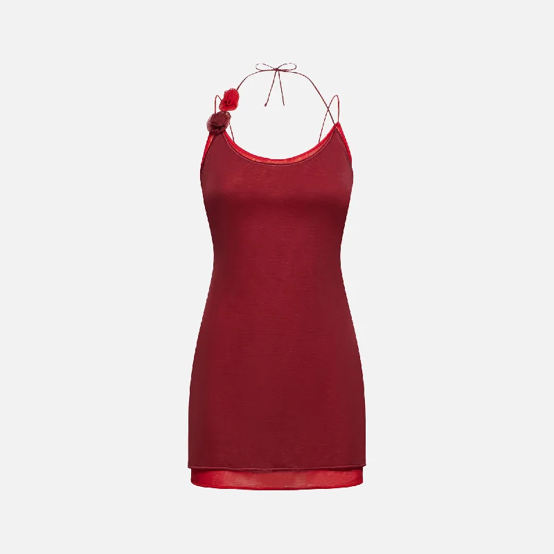 Oseree Rose Mini Dress - Merlot Stylish Puff Sleeve Mini Dress