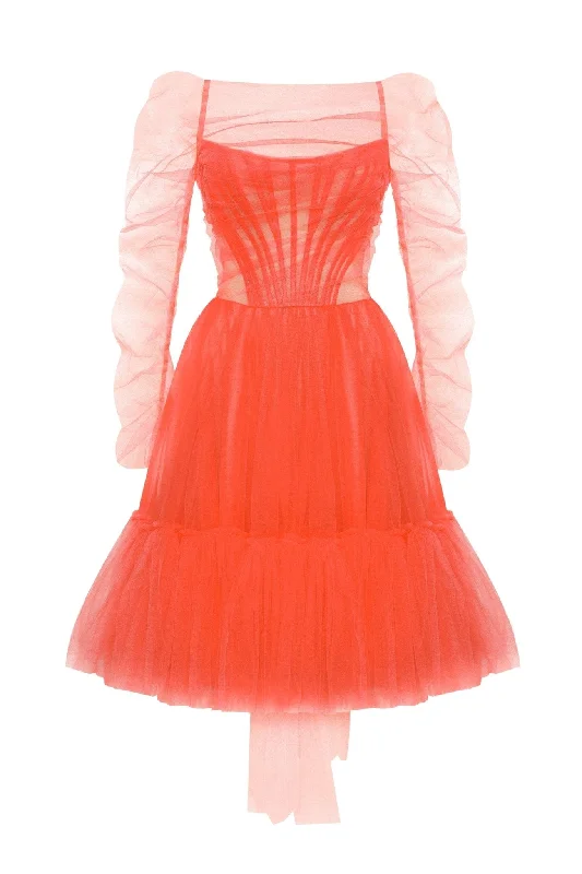 Passion Strapless Tulle mini dress in red coral color Fashionable Mini Dress with Frills Passion Strapless Tulle mini dress in red coral color Fashionable Mini Dress with Frills