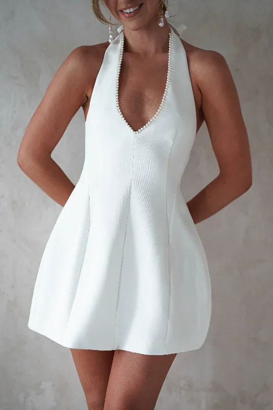Peyton Pearl Detail Mini Dress | White Comfortable Linen Mini Dress