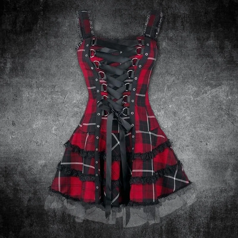Plaid Lace Up Gothic Mini Dress Stylish Ruffle Mini Dress