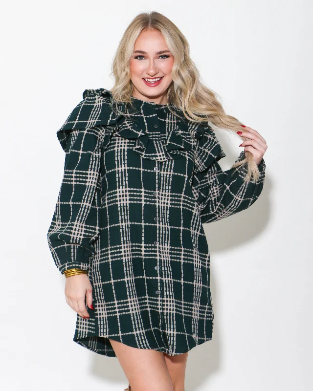 Plaid Ruffled Shirt Mini Dress Cozy Ruched Mini Dress