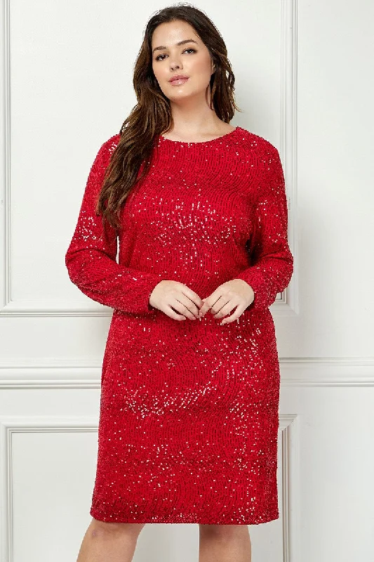 RED SEQUIN LONG SLEEVES ZIP CLOSURE PLUS SIZE MINI DRESS AVD51916WX Comfortable Fit-and-Flare Mini Dress RED SEQUIN LONG SLEEVES ZIP CLOSURE PLUS SIZE MINI DRESS AVD51916WX Comfortable Fit-and-Flare Mini Dress