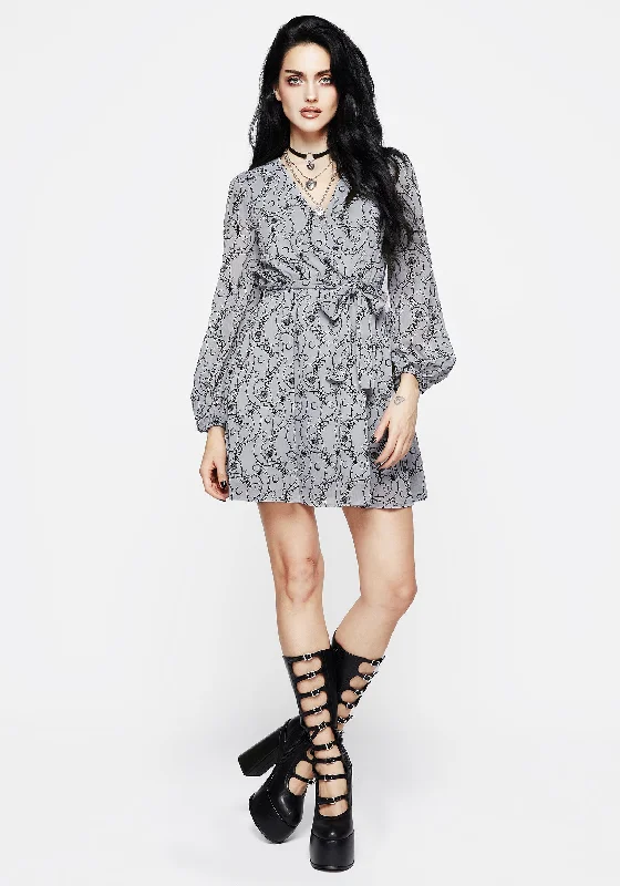 Rosethorn Flocked Velour Chiffon Faux Wrap Mini Dress - Blue Chic Tropical Mini Dress