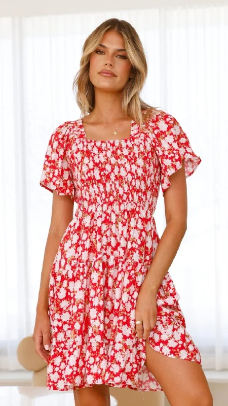 Sammi Mini Dress - Red Floral Fashionable Polka Dot Mini Dress
